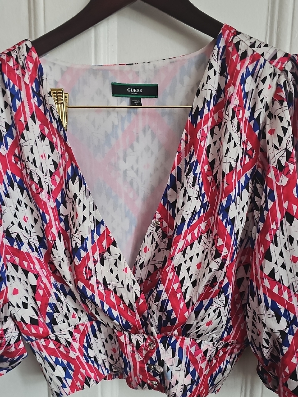 Guess Red White Blue Geometric Wrap Blouse